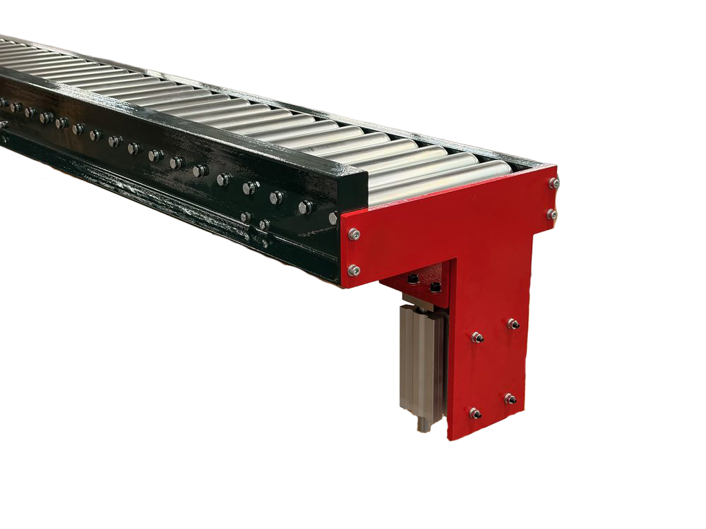 Direct Conveyors roller conveyor showing red drive end assembly mounted to green steel frame
