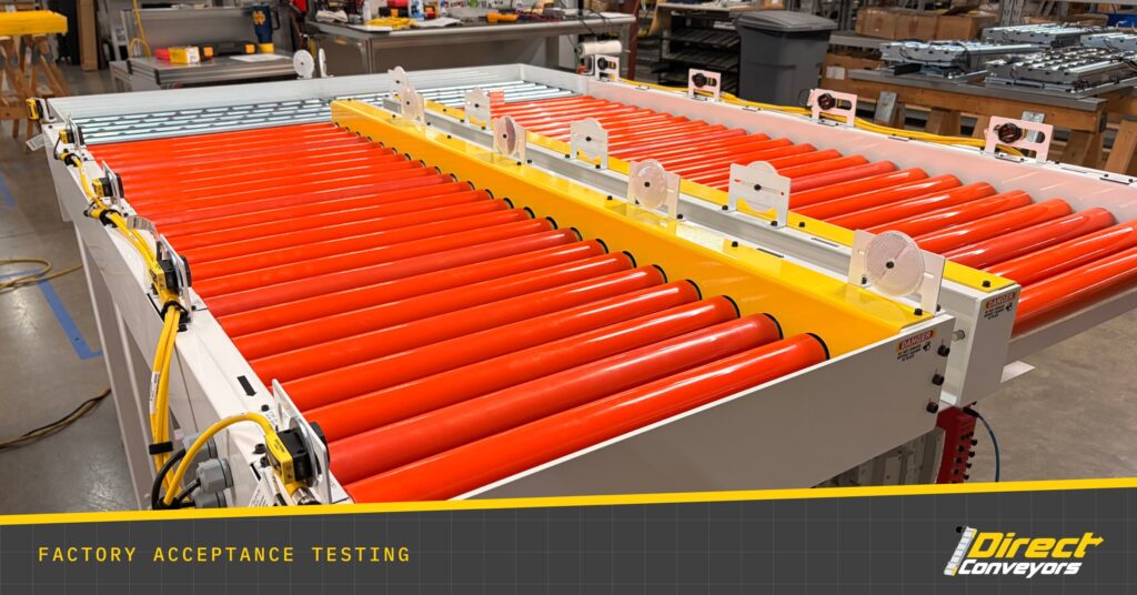 Dual lane motor-driven roller conveyor cell with pneumatic stops and sensors, set up for factory acceptance testing