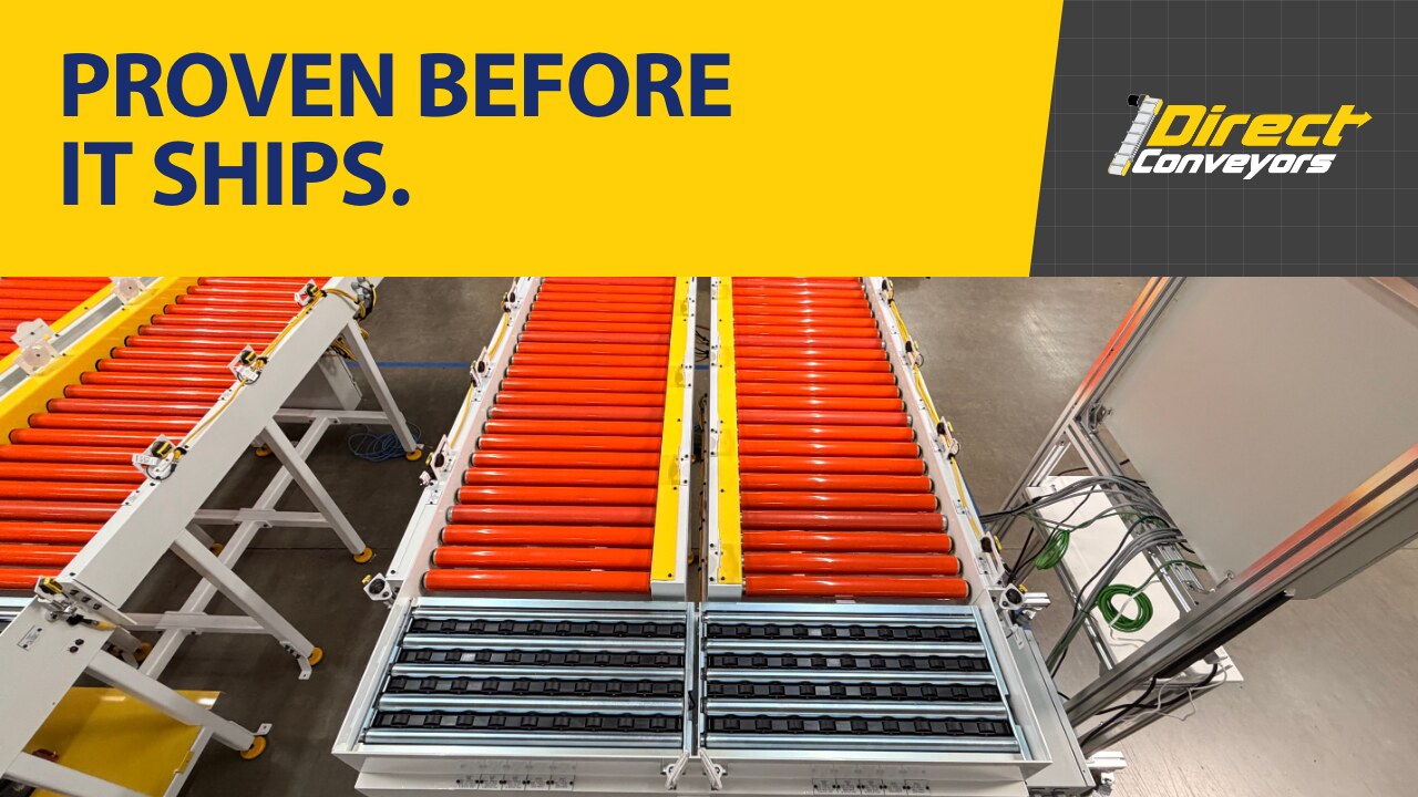 Proven before it ships: dual lane roller conveyor pick cell tested on the Direct Conveyors shop floor